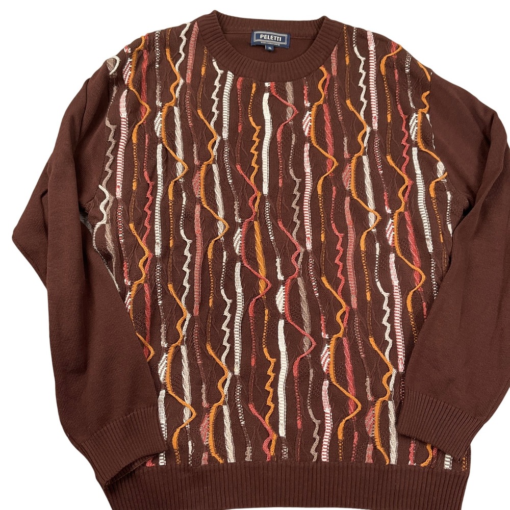 PELETTI Sweater Mens XLarge Brown Textured Coogie Style Abstract Long Sleeve